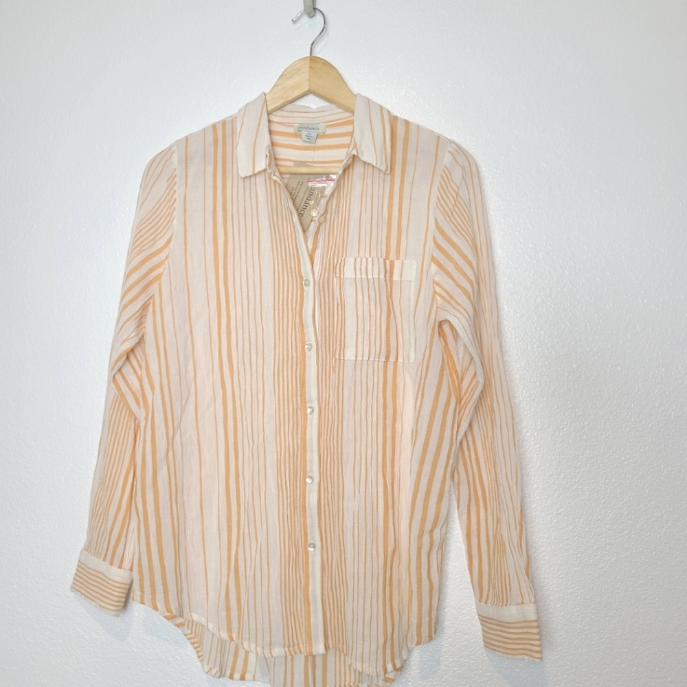 SUNDANCE Stripes Gauzy Cotton 100% Beachy Button Down Shirt NEW